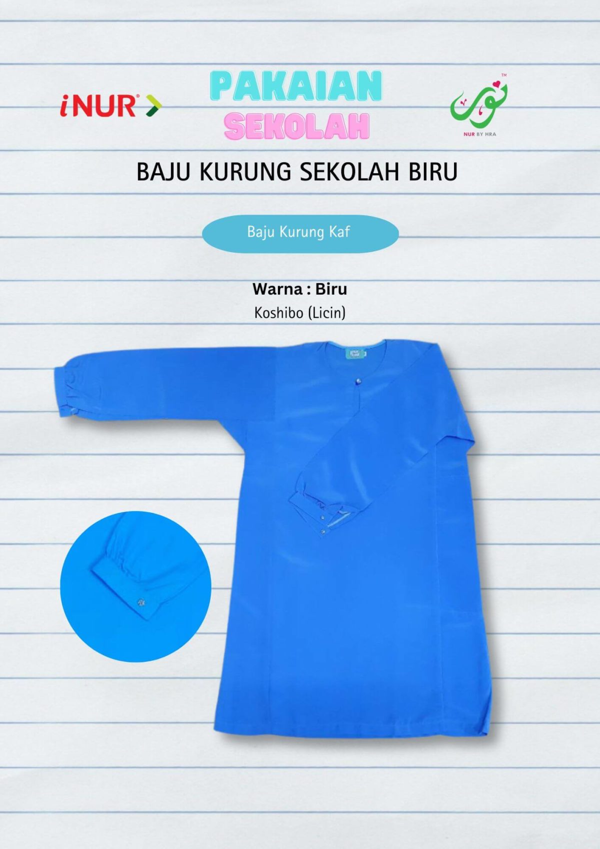 Baju Kurung Menengah Biru Kaf Licin