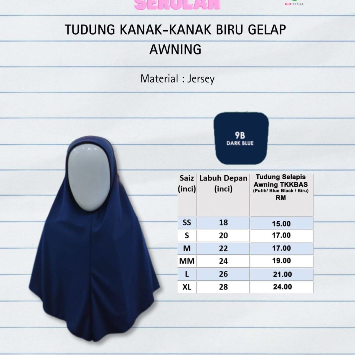 Tudung Kanak2 Biru Gelap Awning